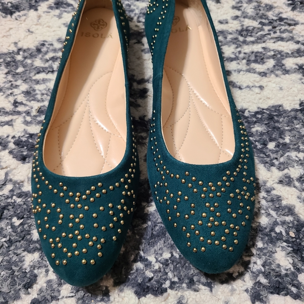 Isola Teal Suede Boho Studded Ballerina Flats Size 8M Never Worn